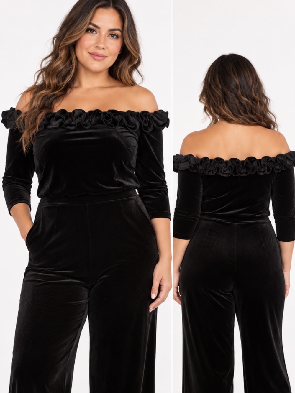 Adrianna papell black wide leg raffle off shoulder velv jumpsuit  28 w whimsy